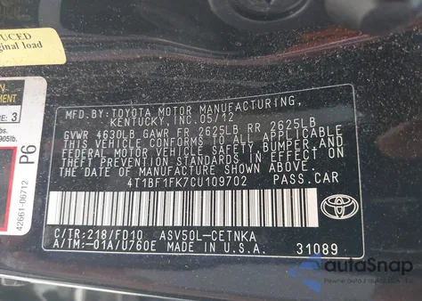 2012 Toyota Camry Le from USA, damaged, VIN 4T1BF1FK7CU109702